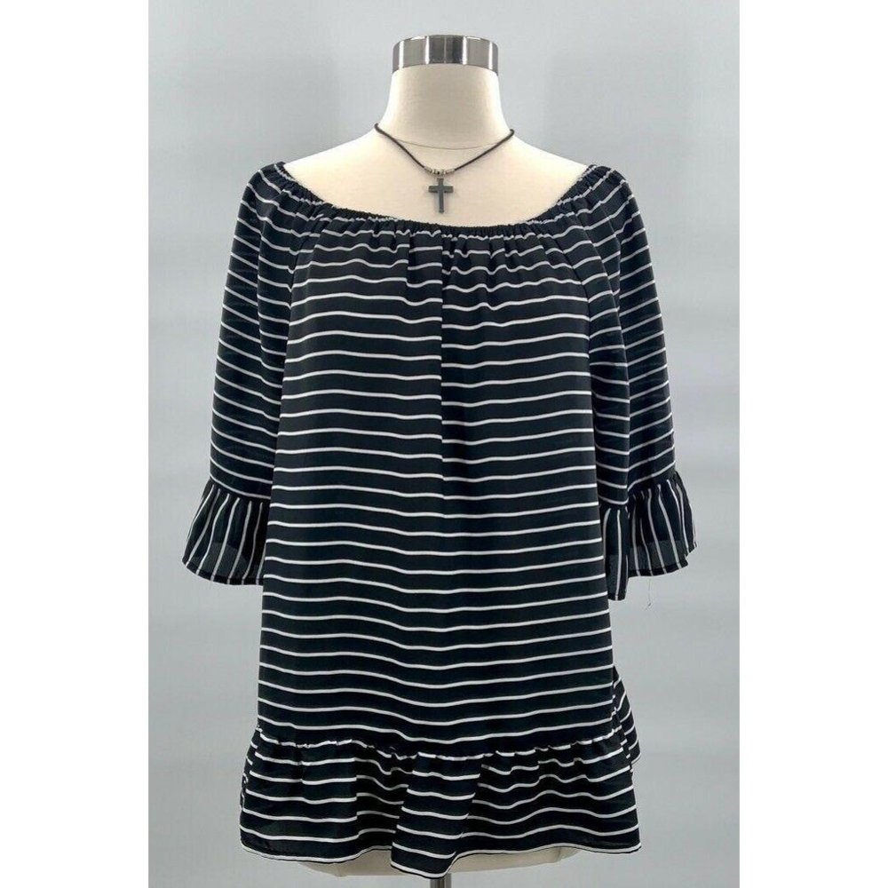 ELLE Womens Blouse Black White Stripe Short Sleeve